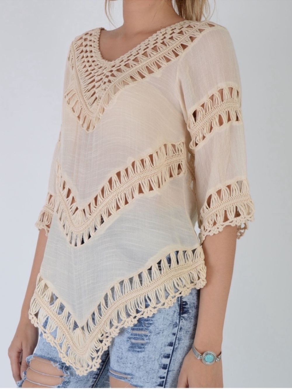 Ecote Cream Crochet Trim V-Neck Boho Top